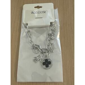NWT Silver Tone Blossom Link Charm Bracelet, Black Clover, Angel Wing Seeing Eye